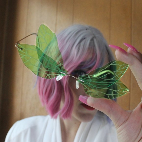 Y2K GREEN EYED DRAGONFLY WING RIMLESS GLASSES !! - Picture 4 of 8